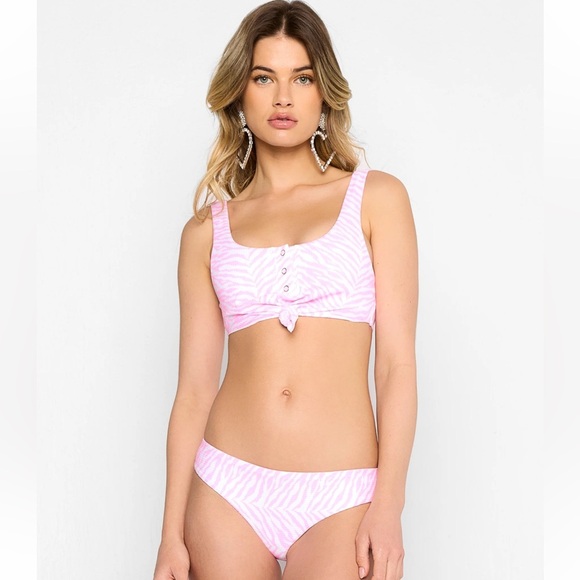 Beach Bunny Pink Zebra Bikini Set – Size M Top & Bottom – Ribbed Tie Front NWOT - Picture 1 of 8
